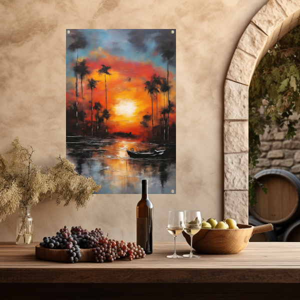 Zonsondergang reflectie en eenzame boot tuinposter