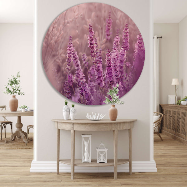 Sereen lavendelveld in zachte pasteltinten aluminium muurcirkel