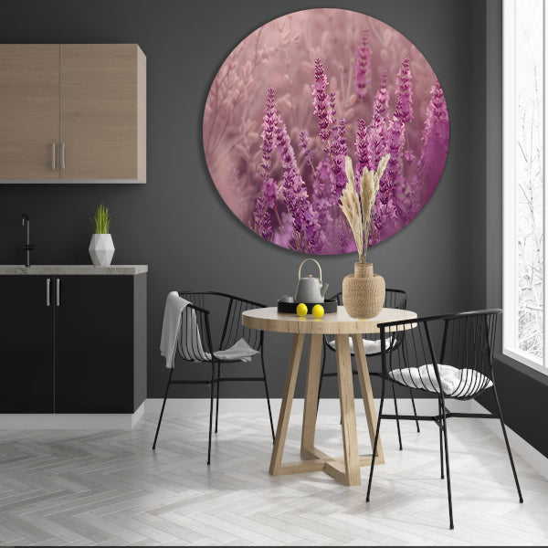 Sereen lavendelveld in zachte pasteltinten aluminium muurcirkel
