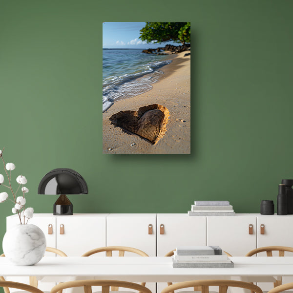 Houten Hart op Verlaten Strand canvas met baklijst