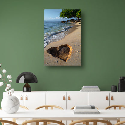 Houten Hart op Verlaten Strand canvas met baklijst