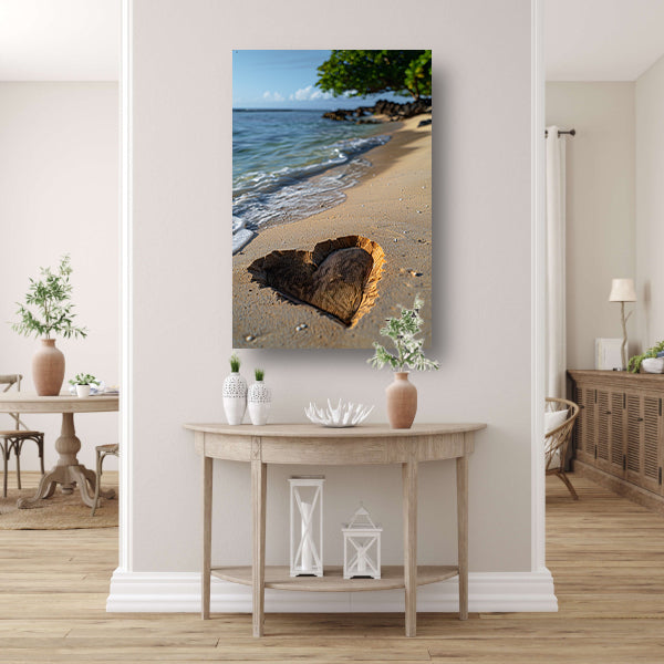 Houten Hart op Verlaten Strand canvas met baklijst