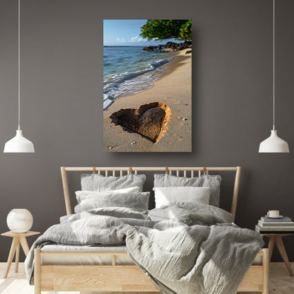 Houten Hart op Verlaten Strand canvas met baklijst
