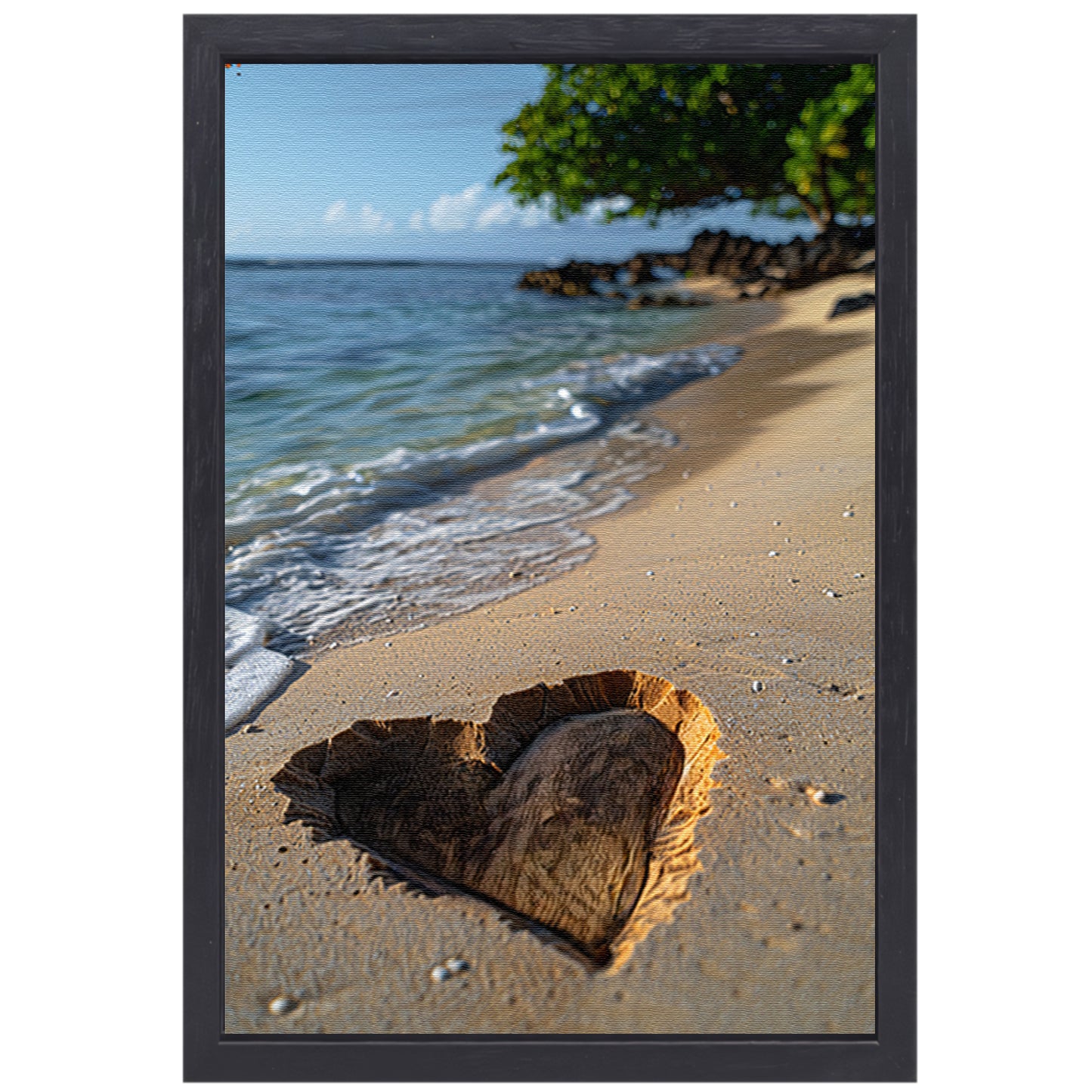 Houten Hart op Verlaten Strand canvas met baklijst