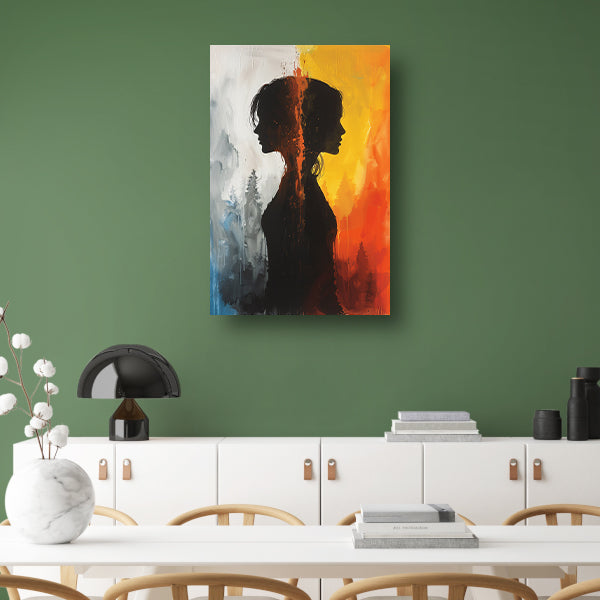Silhouet van een vrouw tussen twee werelden canvas