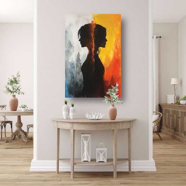 Silhouet van een vrouw tussen twee werelden canvas