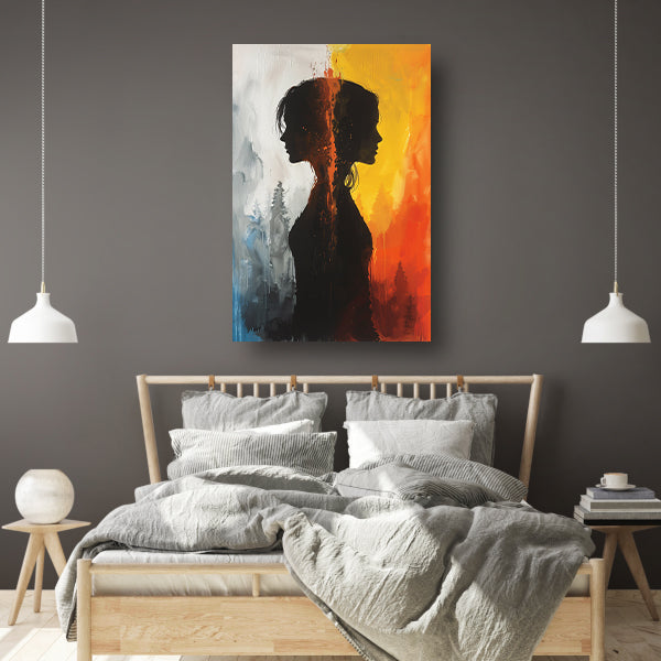 Silhouet van een vrouw tussen twee werelden canvas