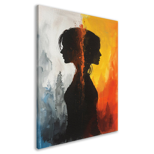 Silhouet van een vrouw tussen twee werelden canvas
