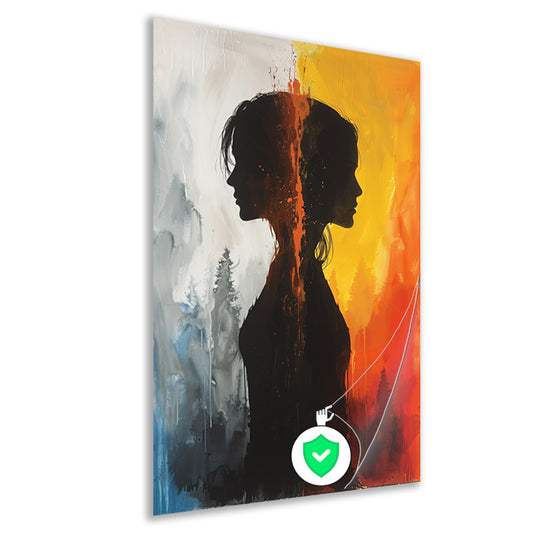 Silhouet van een vrouw tussen twee werelden poster