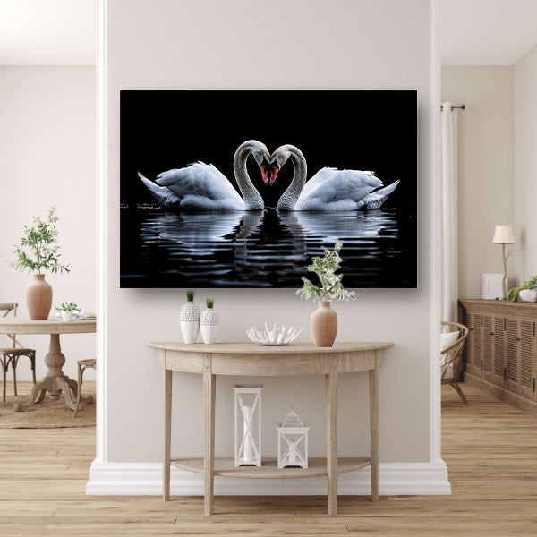 Twee zwanen vormen een hart canvas