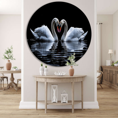 Twee zwanen vormen een hart aluminium muurcirkel