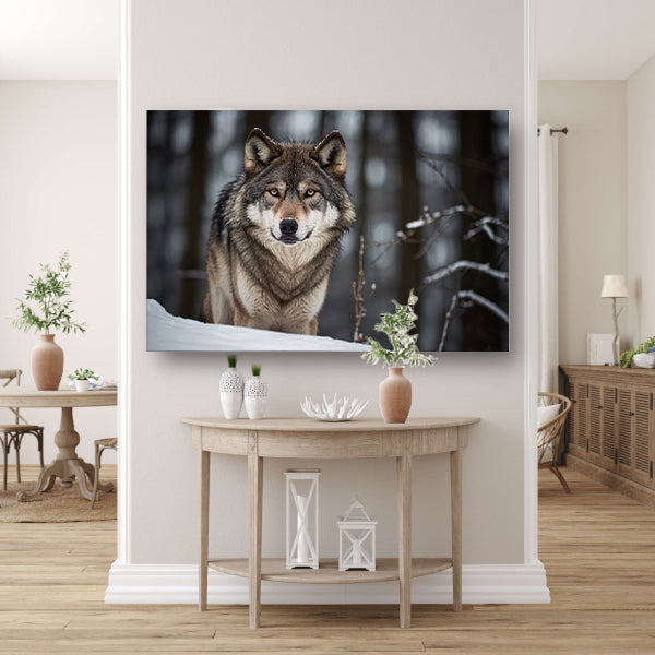 Majestueuze wolf in winterlandschap canvas met baklijst