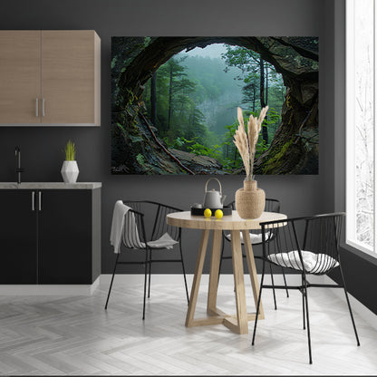Rotsuitkijk Over Mistig Bos poster