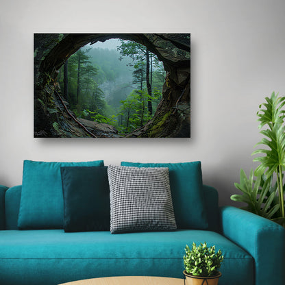 Rotsuitkijk Over Mistig Bos poster