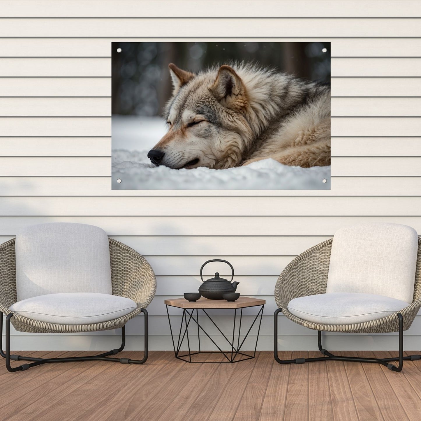 Slapende wolf in een besneeuwd landschap tuinposter