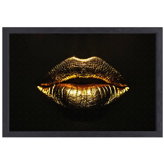 Donkere achtergrond met stralende gouden lippen canvas met baklijst