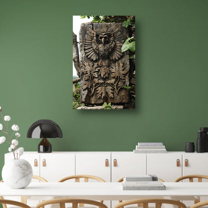 Houtsnijwerk van Uil met Planten canvas met baklijst