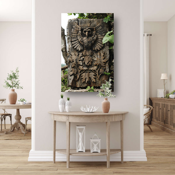 Houtsnijwerk van Uil met Planten canvas met baklijst