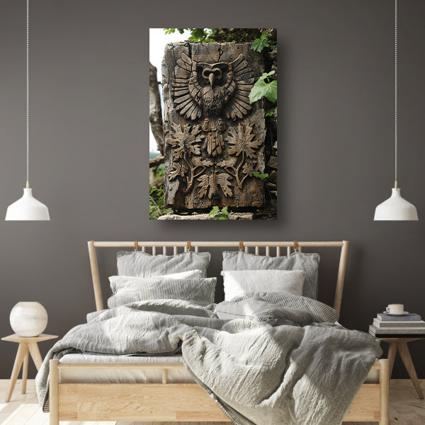 Houtsnijwerk van Uil met Planten canvas met baklijst