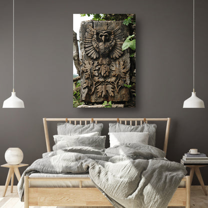 Houtsnijwerk van Uil met Planten canvas met baklijst