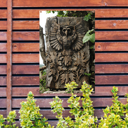 Houtsnijwerk van Uil met Planten tuinposter
