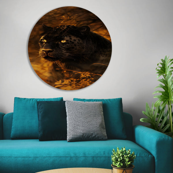 Moderne schilderij van een zwarte panter aluminium muurcirkel