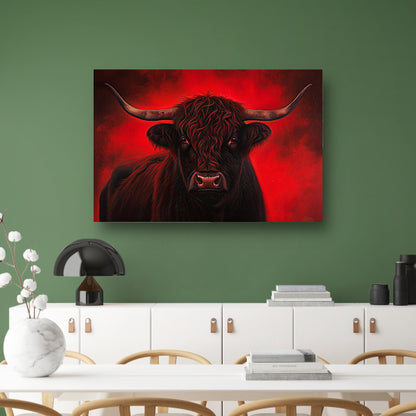 Majestueuze Schotse hooglander met vurige achtergrond canvas met baklijst