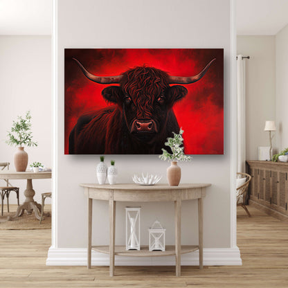 Majestueuze Schotse hooglander met vurige achtergrond canvas met baklijst