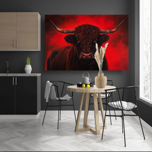 Majestueuze Schotse hooglander met vurige achtergrond canvas met baklijst