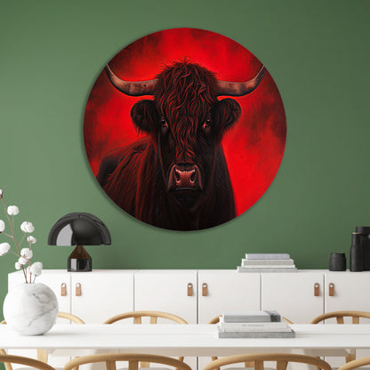 Majestueuze Schotse hooglander met vurige achtergrond aluminium muurcirkel