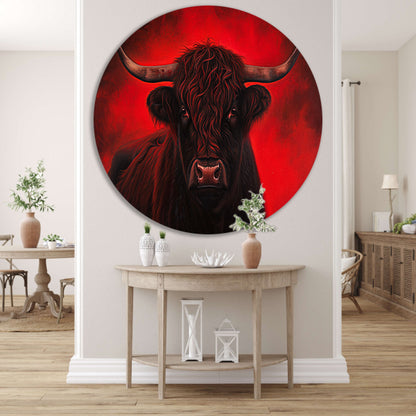 Majestueuze Schotse hooglander met vurige achtergrond aluminium muurcirkel