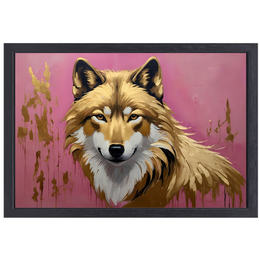 Majestueuze Wolf in Roze en Goudtinten canvas met baklijst