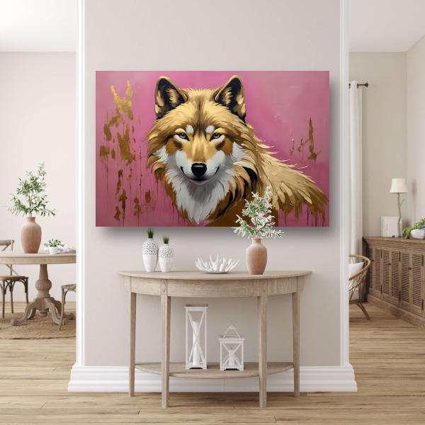 Majestueuze Wolf in Roze en Goudtinten acrylglas