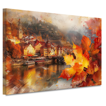Schilderachtige Herfststad aan de Rivier canvas