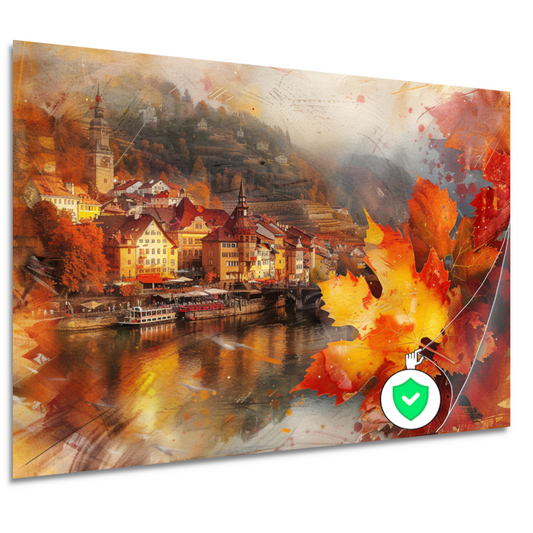 Schilderachtige Herfststad aan de Rivier poster