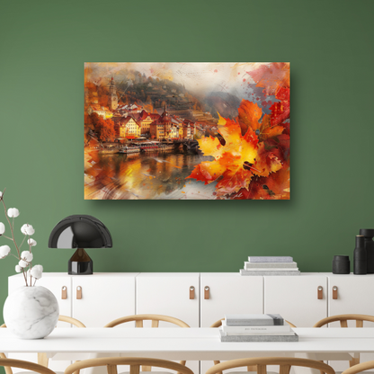 Schilderachtige Herfststad aan de Rivier canvas