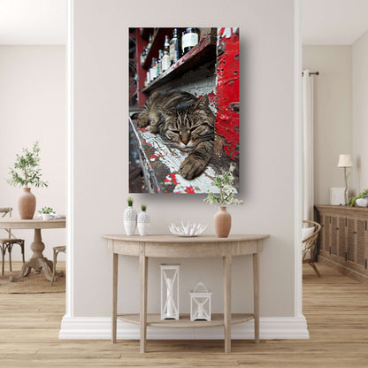 Slapende gestreepte kat op houten toonbank canvas