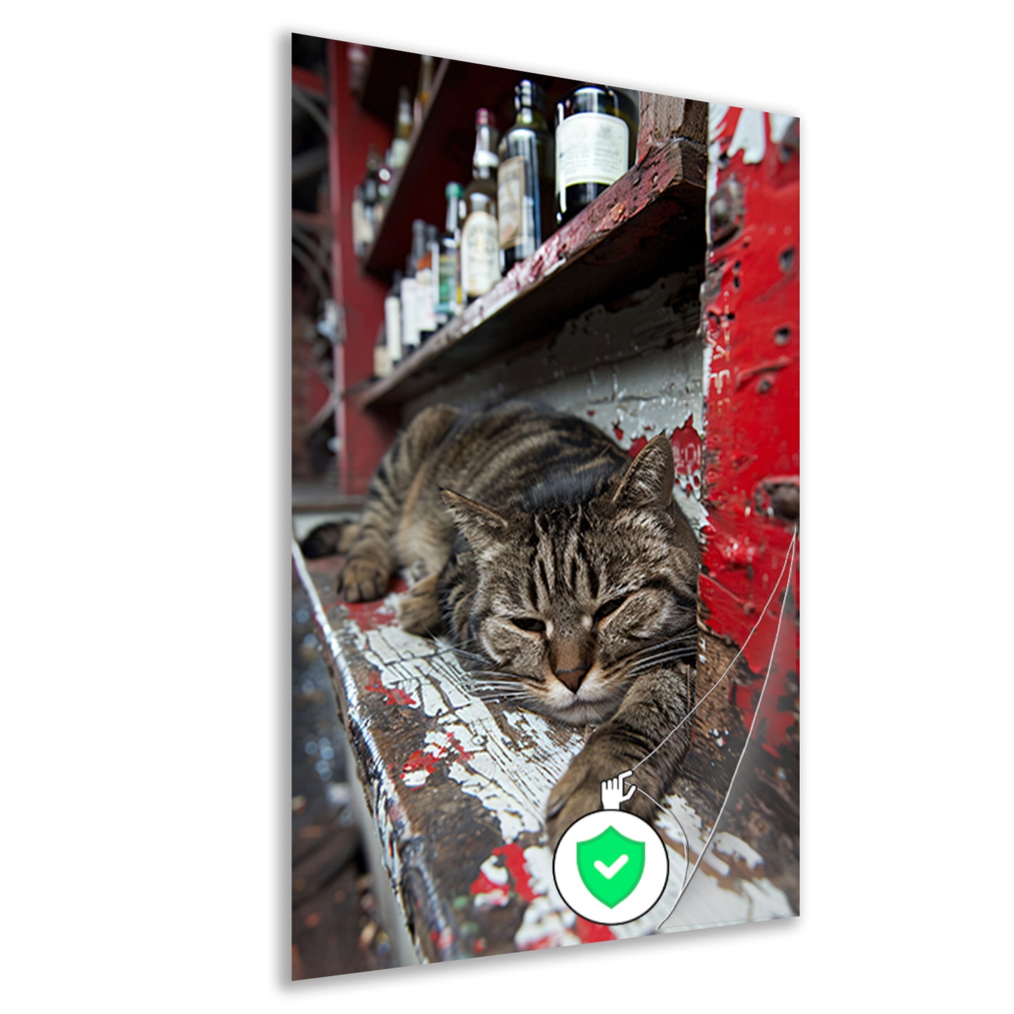 Slapende gestreepte kat op houten toonbank poster