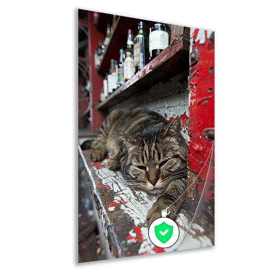 Slapende gestreepte kat op houten toonbank poster