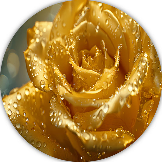 Gouden roos met waterdruppels op delicate bloemblaadjes aluminium muurcirkel