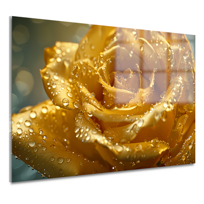 Gouden roos met waterdruppels op delicate bloemblaadjes acrylglas