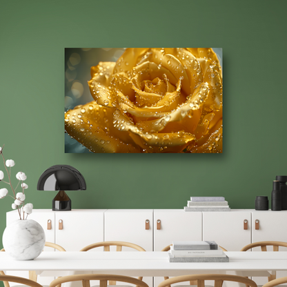 Gouden roos met waterdruppels op delicate bloemblaadjes canvas