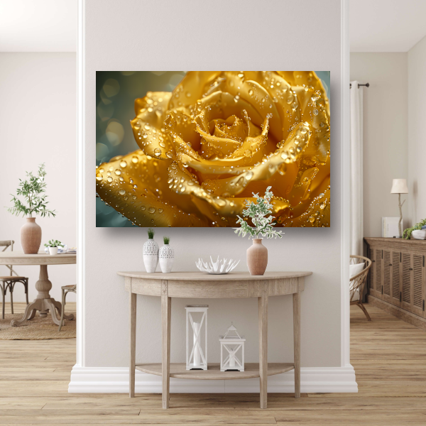 Gouden roos met waterdruppels op delicate bloemblaadjes canvas