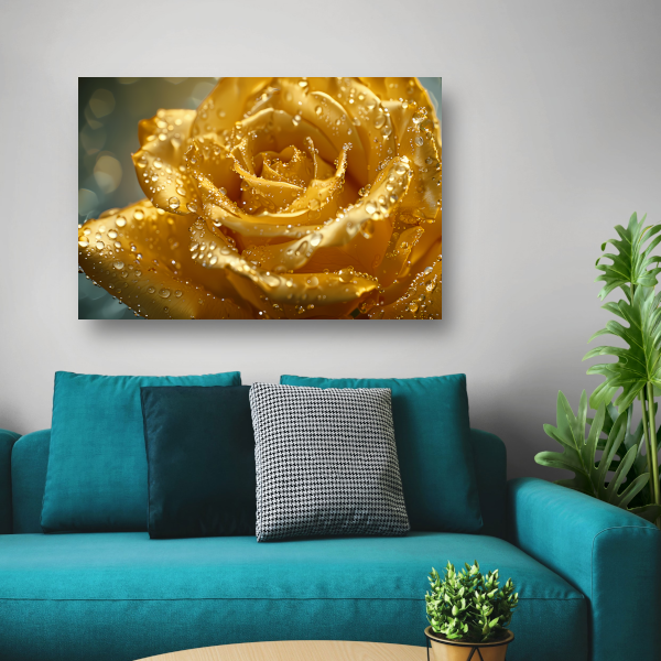 Gouden roos met waterdruppels op delicate bloemblaadjes canvas