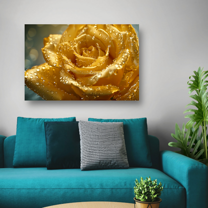 Gouden roos met waterdruppels op delicate bloemblaadjes canvas