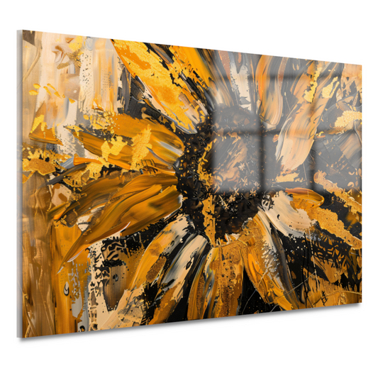 Dynamische abstracte zonnebloem in goud en zwart acrylglas