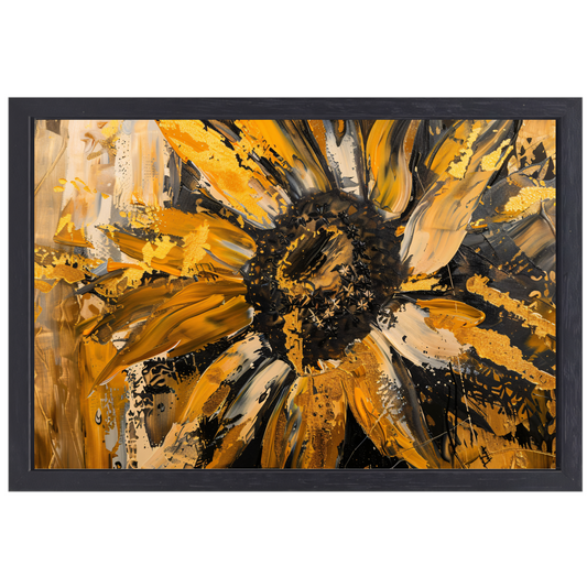 Dynamische abstracte zonnebloem in goud en zwart canvas met baklijst