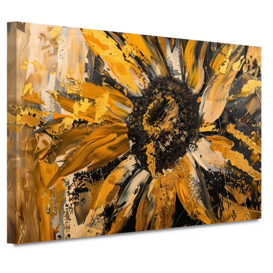 Dynamische abstracte zonnebloem in goud en zwart canvas