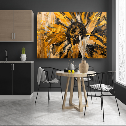 Dynamische abstracte zonnebloem in goud en zwart poster
