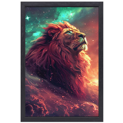Magische leeuw onder een sterrenhemel canvas met baklijst